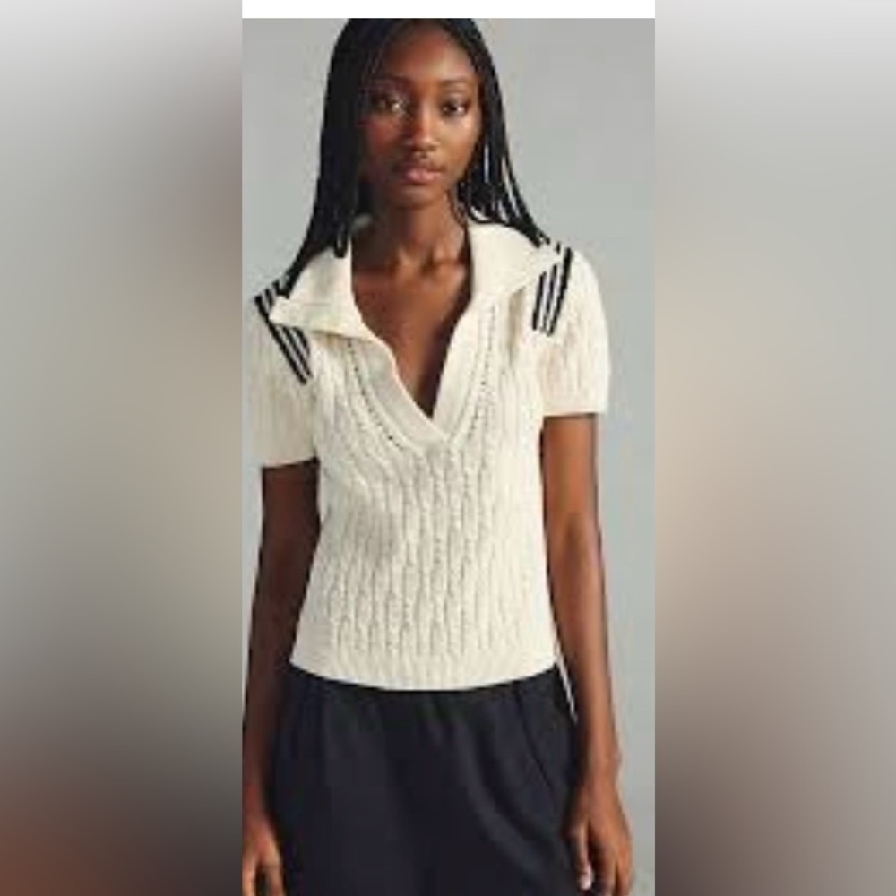 Anthropologie White V-Neck Cable Knit Sweater